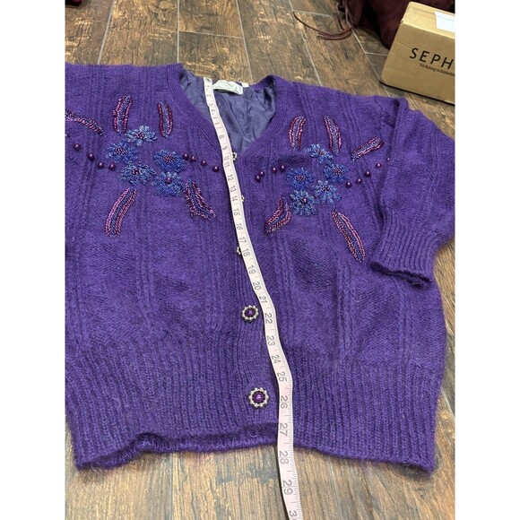 Vintage soft mohair blend Cardigan Sweater Lined Womens L purple beading floral - Picture 10 of 12